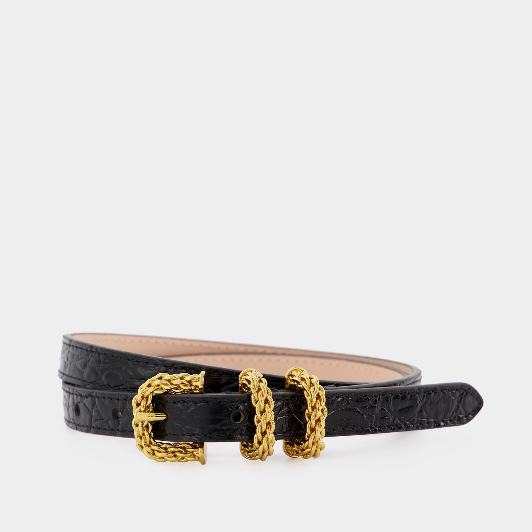 Kat Belt By Far Black Croc Embossed Leather