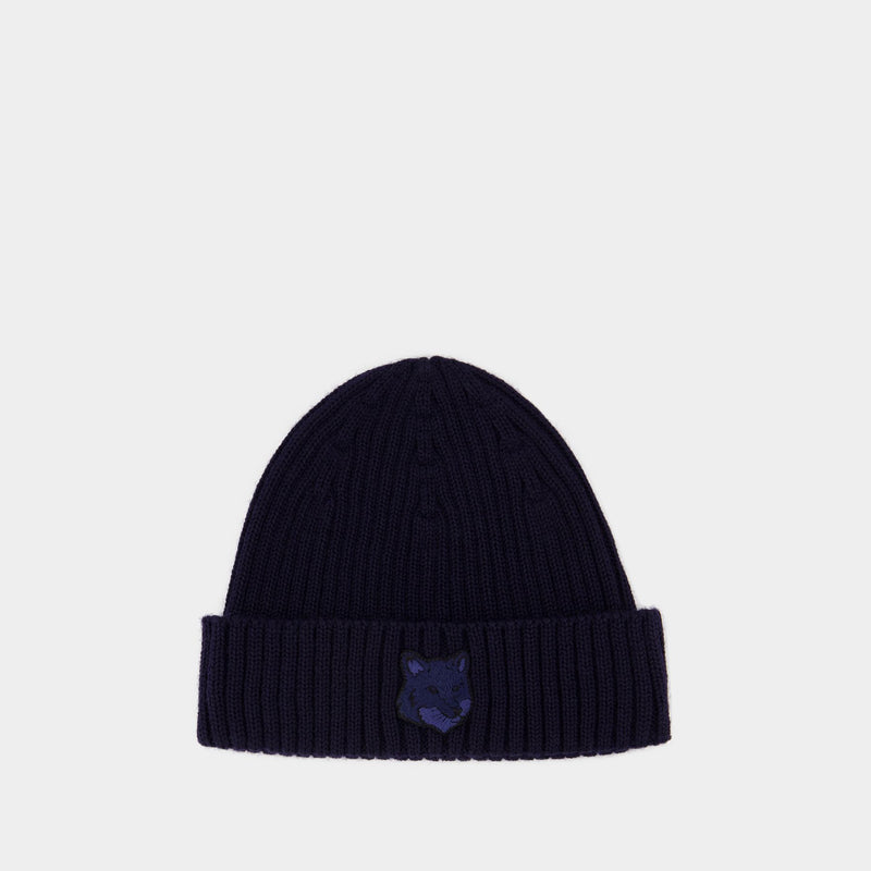 Bold Fox Head Beanie - Maison Kitsune - Wool - Blue