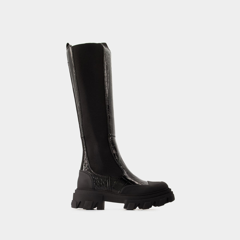 Cleated High Chelsea Boots - Ganni - Synthetic Leather - Black