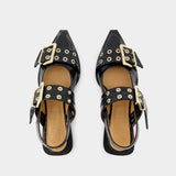 Feminine Buckle Ballerinas - Ganni - Synthetic Leather - Black