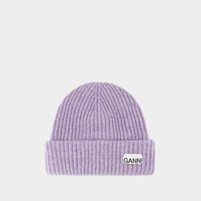 Rib Beanie - Ganni - Wool - Purple