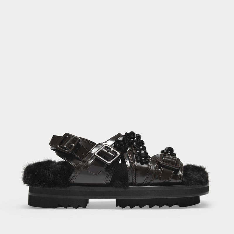 Multi-Strap Track Sandal in Black Jet Leather