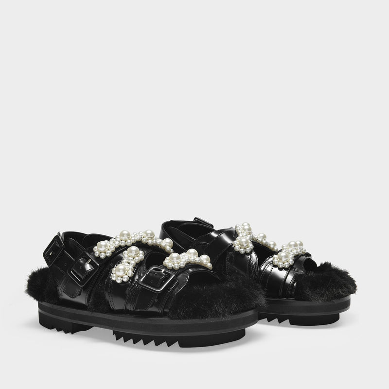 Multi-Strap Track Sandal in Black Pearl Leather