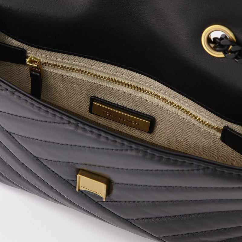 Tory Burch Women's Kira Chevron Powder Coated Small Flap Shoulder Bag,  Black/Silver, One Size: Handbags