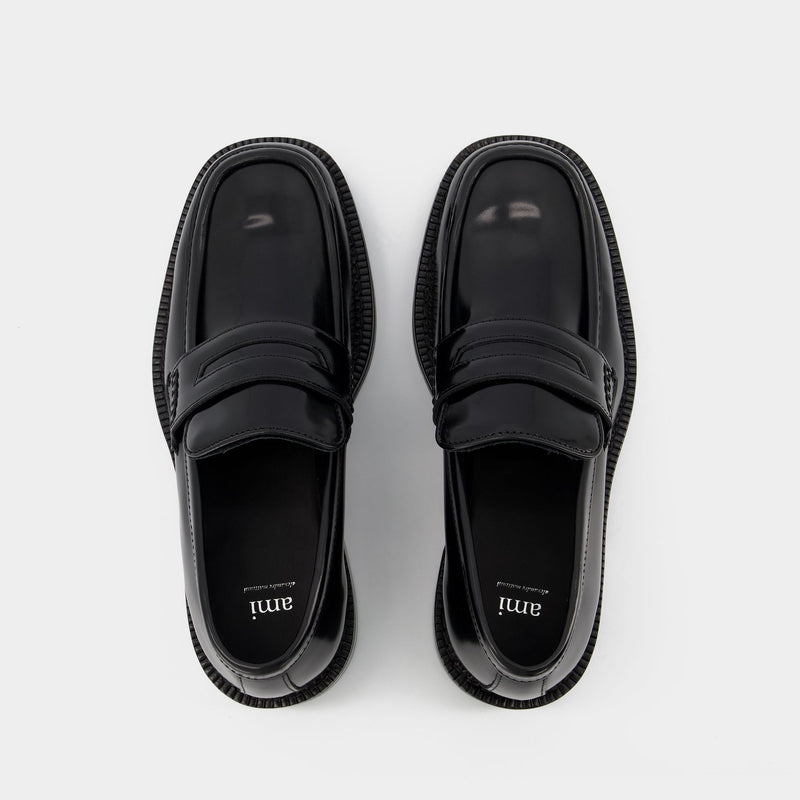 Square-Toe Loafers in Black Leather