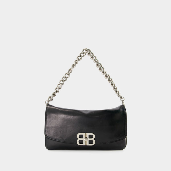 Balenciaga BB Soft Large Flap Bag Black in Leather with Aged Silver - US