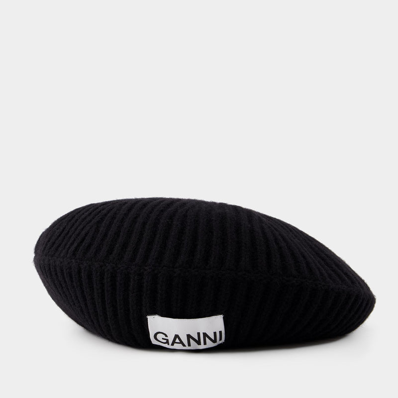 Rib Beret - Ganni - Wool - Black