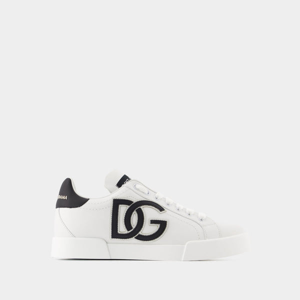 DOLCE & GABBANA Shoes Sneakers White Blue Leather Logo Print Mens EU39 / US6