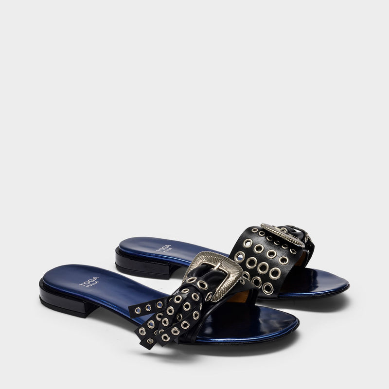 Flat Mules in Navy and Black Leather